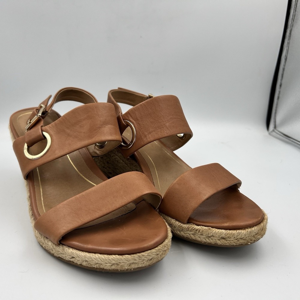 Vionic Tulum Vero Espadrille Wedge Sandals Brown Leather Jute Size 8 Orthaheel